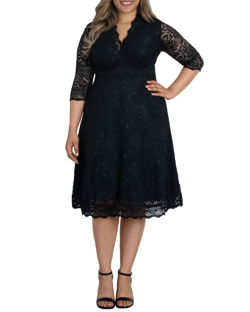 Front of a model wearing a size 0X Genee Lace Cocktail Dress in ONYX by Kiyonna. | dia_product_style_image_id:271593